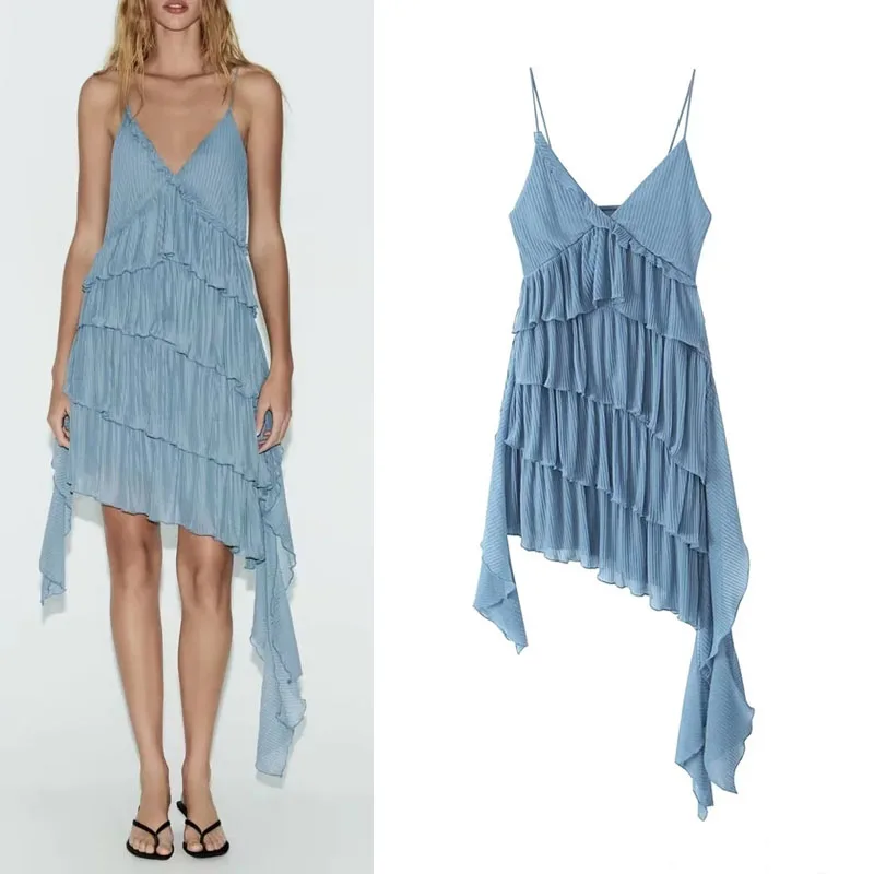 

TRAF Pleated Asymmetric Dresses For Woman 2023 Elegant Party Dress Vintage Ruffles Blue Dress Sexy Short Dresses Summer Dress