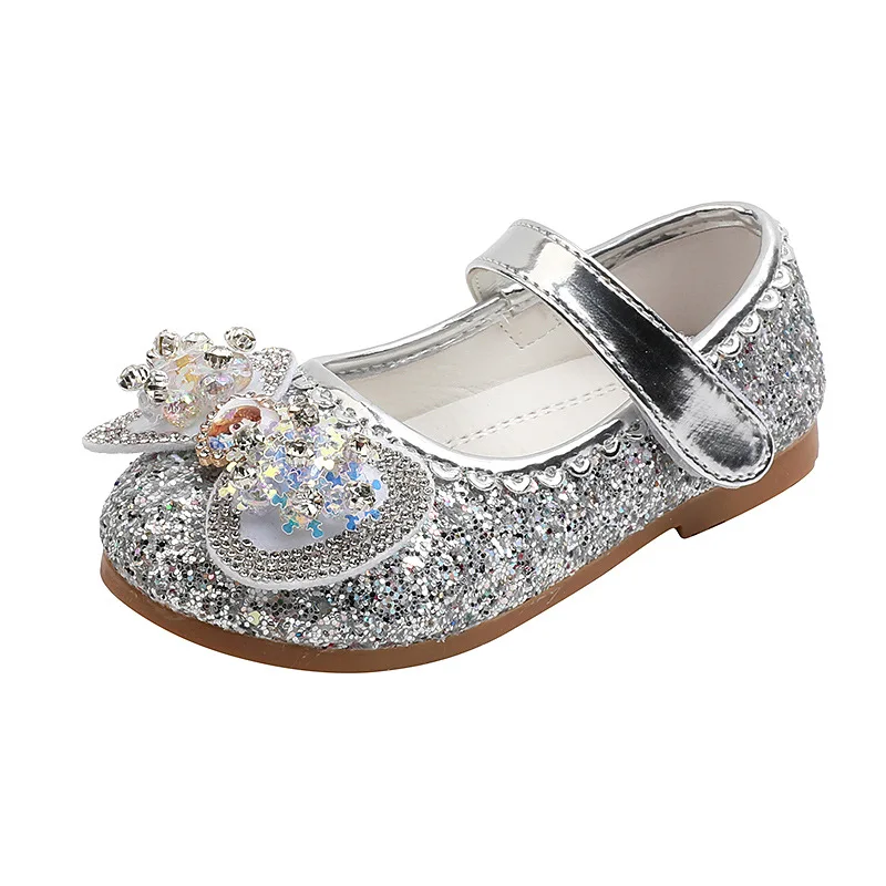 New Cute Cartoon Princess Shoes Girls The Little Girl Sequin Leather Shoes Baby Bow Rhinestones Flats Child Dance Party Shoes enlarge