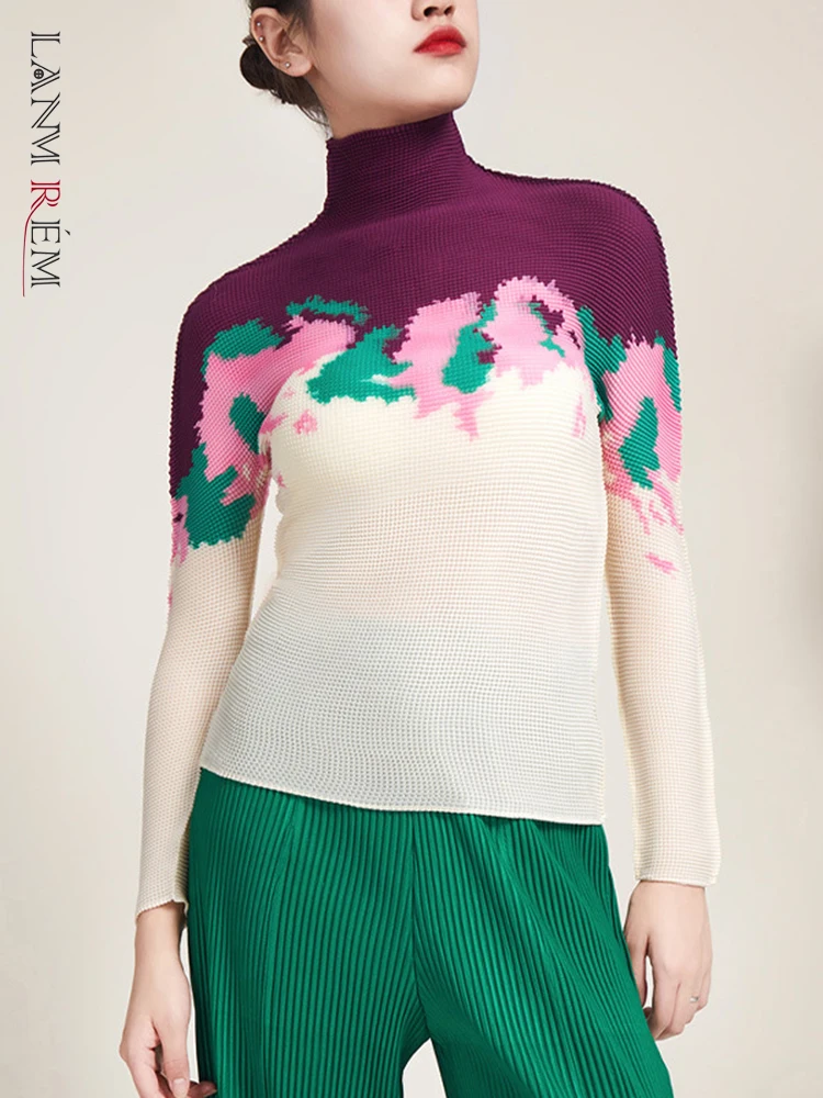 

LANMREM водолазка плиссированная футболка для женщин с принтом тонкий цветной блок строчка тонкие рубашки женский шикарный топ 2022 осень 2R4991