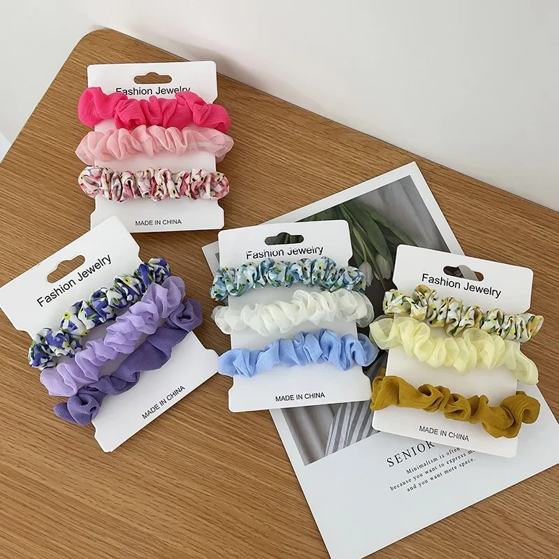 

3pcs/set Silk Chiffon Print Hair Scrunchies Elastic Rubber Hair Bands Girls Women Ponytail Holder Hair Rope Ties Accessories Set
