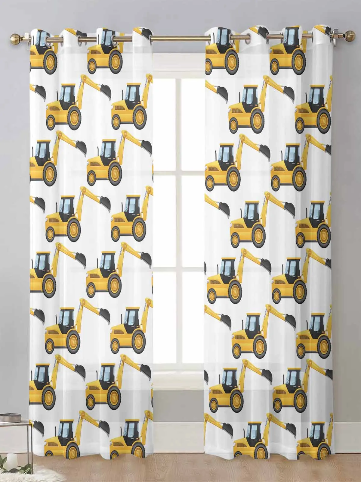 

Yellow Excavator Mechanical Car White Sheer Curtains For Living Room Window Voile Tulle Curtain Cortinas Drapes Home Decor
