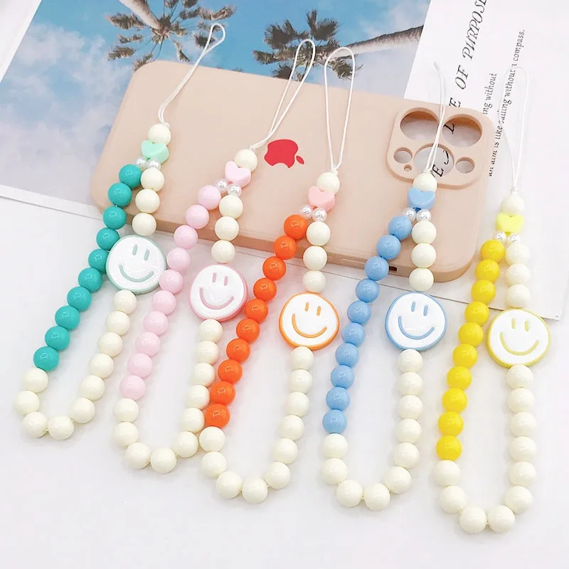 

2022 New Cute Smile Face Phone Chains Resin Cellphone Lanyard Bohemian Telephone Strap Bead Phonecase Charm Jewelry Gift