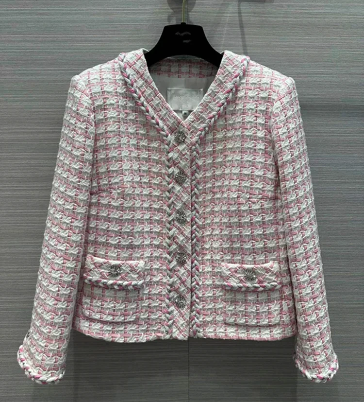 

Женская одежда в европейском и американском стиле, новинка весны 2023, модное розовое клетчатое однобортное твидовое пальто с длинным рукавом и V-образным вырезом