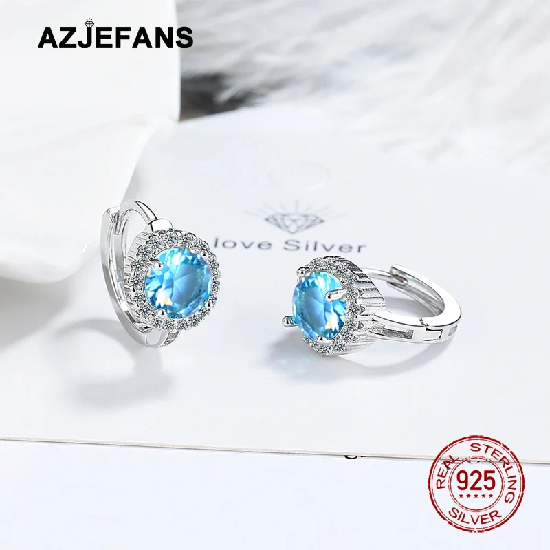 Фото Серьги AZJEFANS из стерлингового серебра S925 с синим цирконом, круглой формы, изысканные ювелирные изделия №2