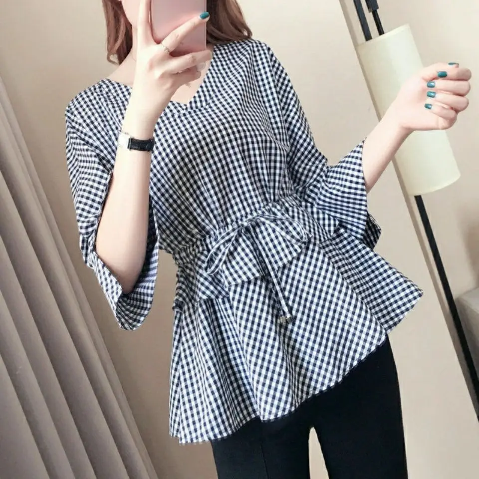 

4XL Summer Korean Elegant New Plaid Shirt Spring/summer Women's Retro Flare Sleeve Fashion Top