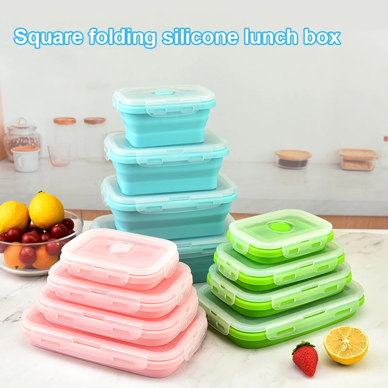 

Rectangle Silicone Folding Lunch Box Meal Prep Containers Cooler Men Collapsible Microwave Food Camping Telescopic Storage Bento