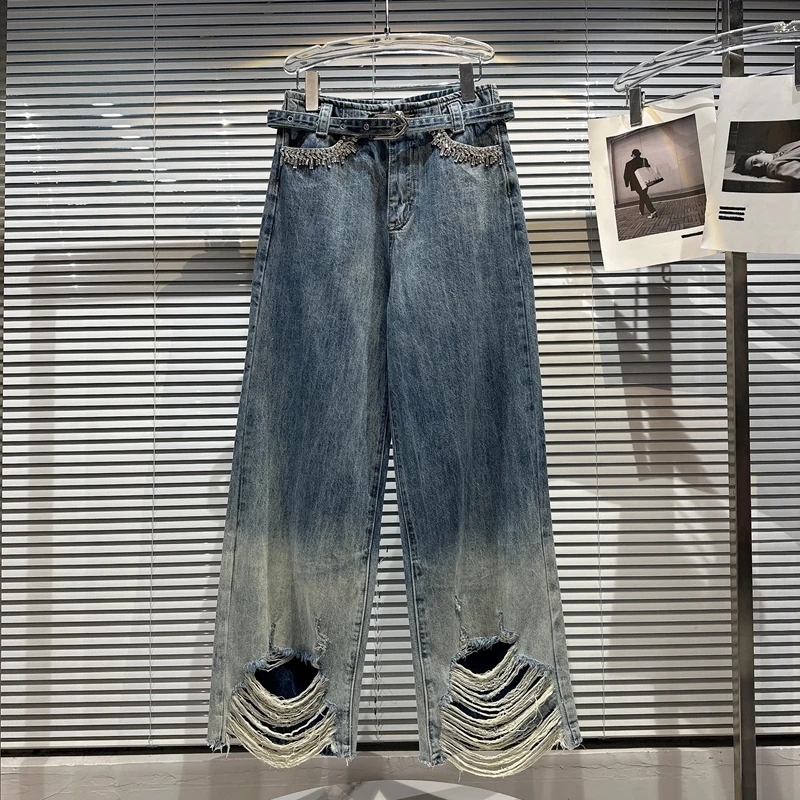 

Женские джинсы с эффектом потертости и градиентом, Модные свободные джинсовые брюки с широкими штанинами в уличном стиле, осень 2023