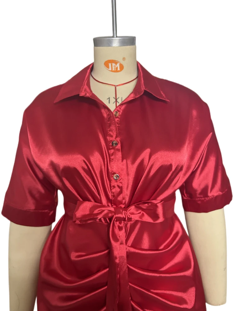 Plus Size Summer Dresses Half Sleeve Pleated Shirt Dress Office Ladies Solid Lapel Casual Mini Dress Wholesale Dropshipping
