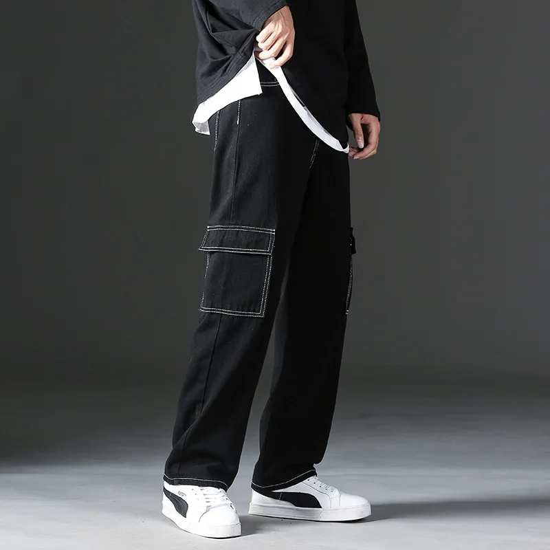 Mens Baggy Pants Cargo Jeans Korean Men Fashion Large Pocket Open Line Jeans Loose Straight Fashion Lace up Men's Wide Leg Pants