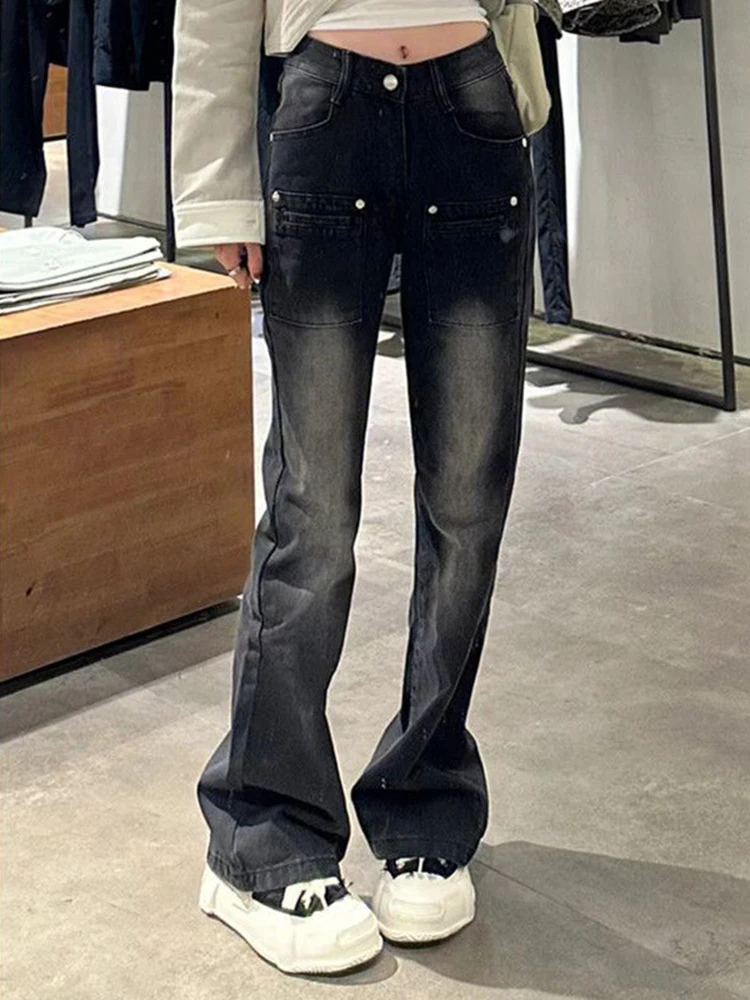 

High Waist Micro Flared Pants Women Streetwear Fashion Pocket Self Cultivation Denim Trouser Girls Y2k Vintage Straight Jeans