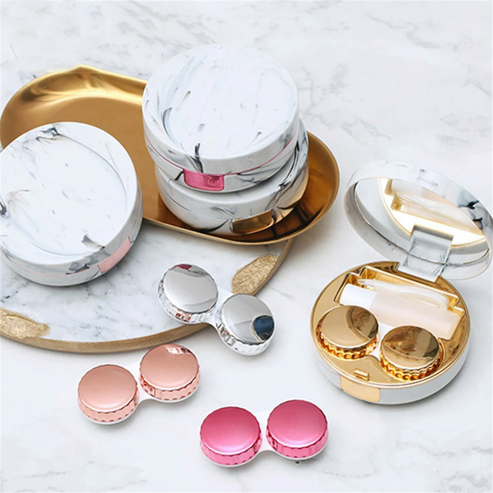 

Round Marble Pattern Contact Lenses Cases for Women Girls Contacts Lens Container with Mirror Silicone Tweezers Mini Pocket Box