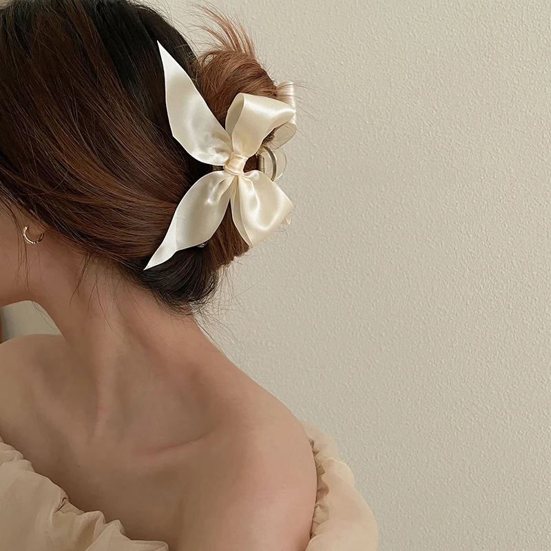 

Elegant White Silk Bow Transparent Hair Claw 2022 Temperament Women Shark Hair Clip Crab Clamp Hairpin Barrette Headdress Gift