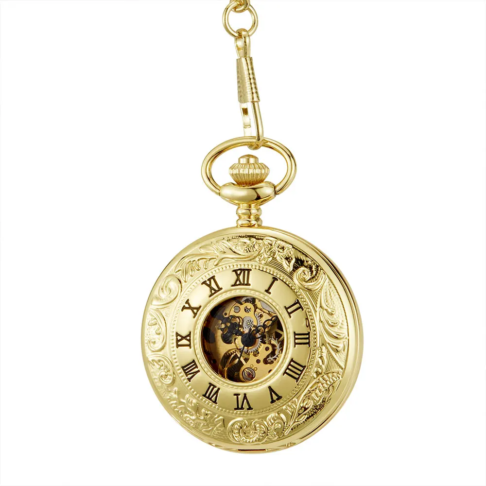 Vintage Golden Sculpture Tree Pattern Mechanical Pocket Watch Men Women Retro FOB Hand Wind Double Hunter Roman Numerals