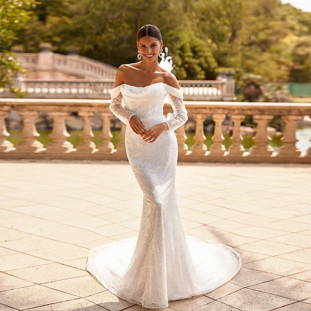 

Glitter Sequined Wedding Dresses Off the Shoulder Long Sleeves Bridal Gowns Back Button Sweep Train Mermaid Robe De Mariee 2023