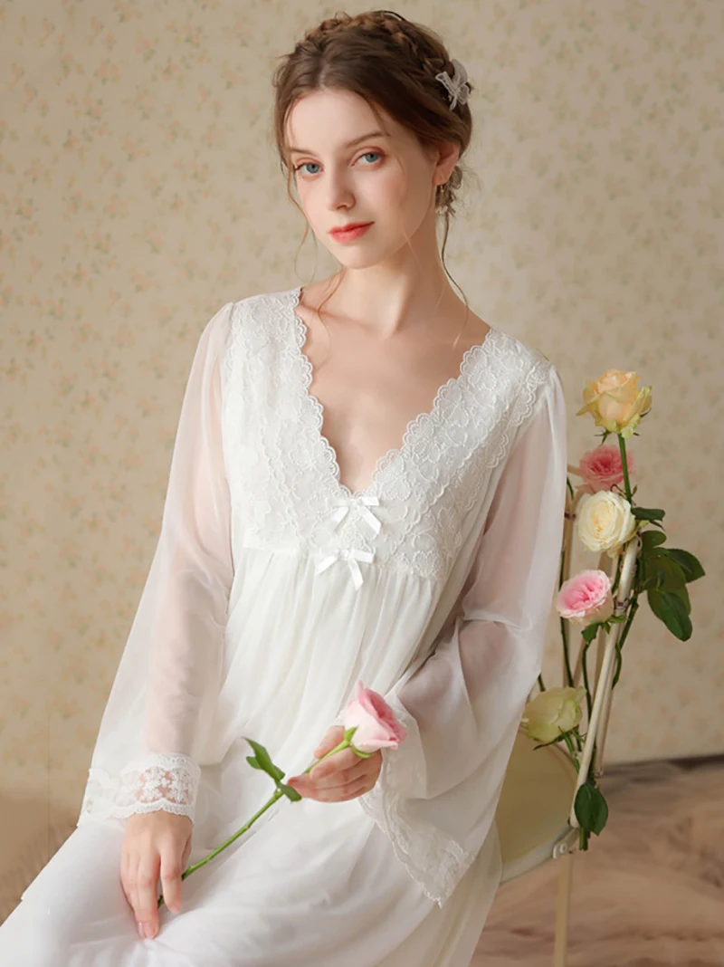

Women Sweet Nightgowns Mesh Night Dress Fairy White Long Sleeve Embroidery Lace Peignoir Nightwear Victorian Princess Sleepwear