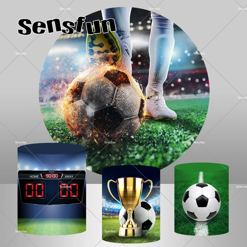 Круглый фон для детской фотосъемки с изображением футбольного поля стадиона