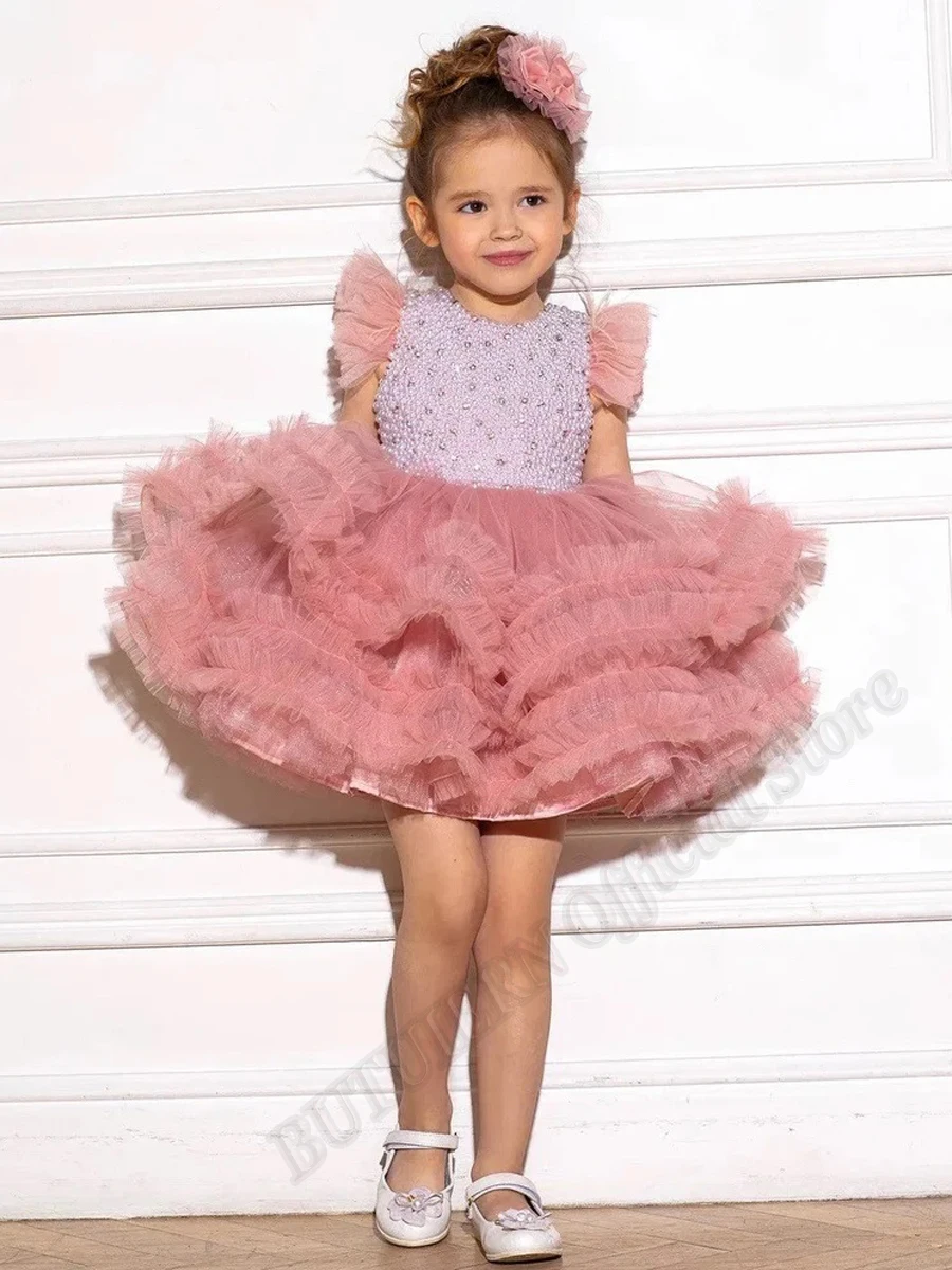 

Жемчужное розовое платье с розовыми розами, платья с цветами для девочек, бальное платье для маленьких девочек от кутюр, платья для дня рождения и свадьбы, Индивидуальные костюмы