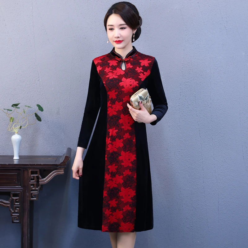 

Women's Velvet Dress Cheongsam Long Sleeve Dress Spring Autumn Vintage printed patchwork Dress Mom's Elegant Party Dresse