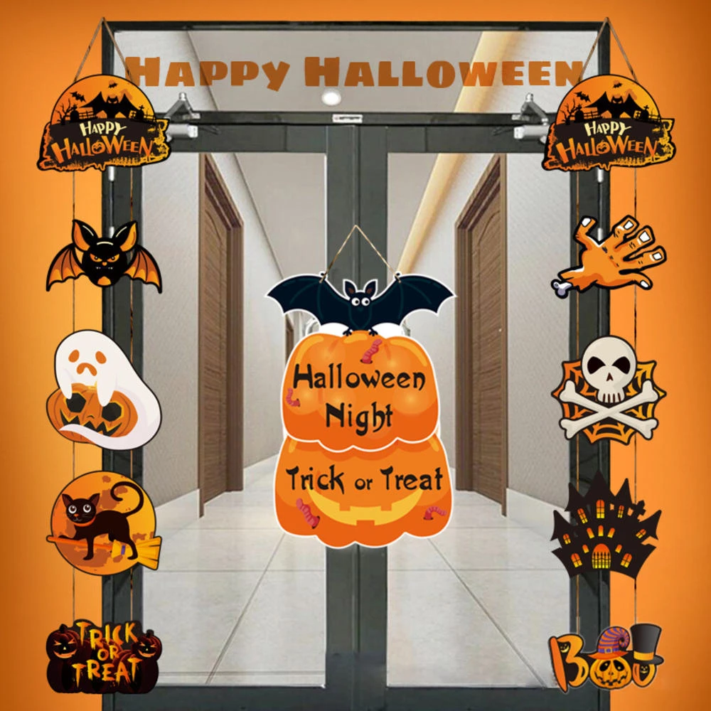 

Halloween Hanging Banner Ghost Bat Pumpkin Porch Sign Halloween Gate Trick or Treat Couplet Halloween Party Home Decoration