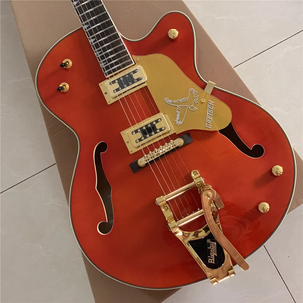 

Пользовательская электронная гитара версии ES 335 полый джазовый корпус красное золото фурнитура с Bigsby Rosewood фингерборд Бесплатная доставка
