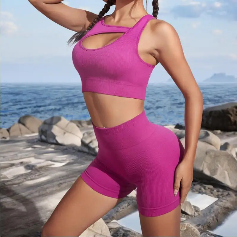 

Pmwrun Summer 2023 New Ribbed Seamless Women's Yoga Wear Nylon Spandex Quick Dry Sports Bra Short Pants Workout Fitness Wear Set