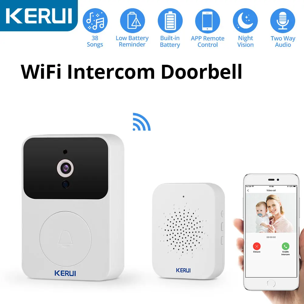 

Беспроводной дверной звонок KERUI с Wi-Fi, HD-камера безопасности, ночное видение, видеодомофон с голосовым изменением