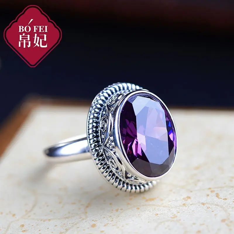 

925 Silver Ring Women's Ring Amethyst Vintage Thai Silver National Style Opening Temperament Exaggerated Large Purple Stone