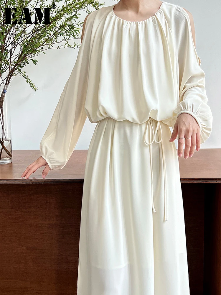 

[EAM] Women Apricot Off Shoulder Big Size Long Dress New Round Neck Long Sleeve Loose Fit Fashion Spring Autumn 2023 1DF7740