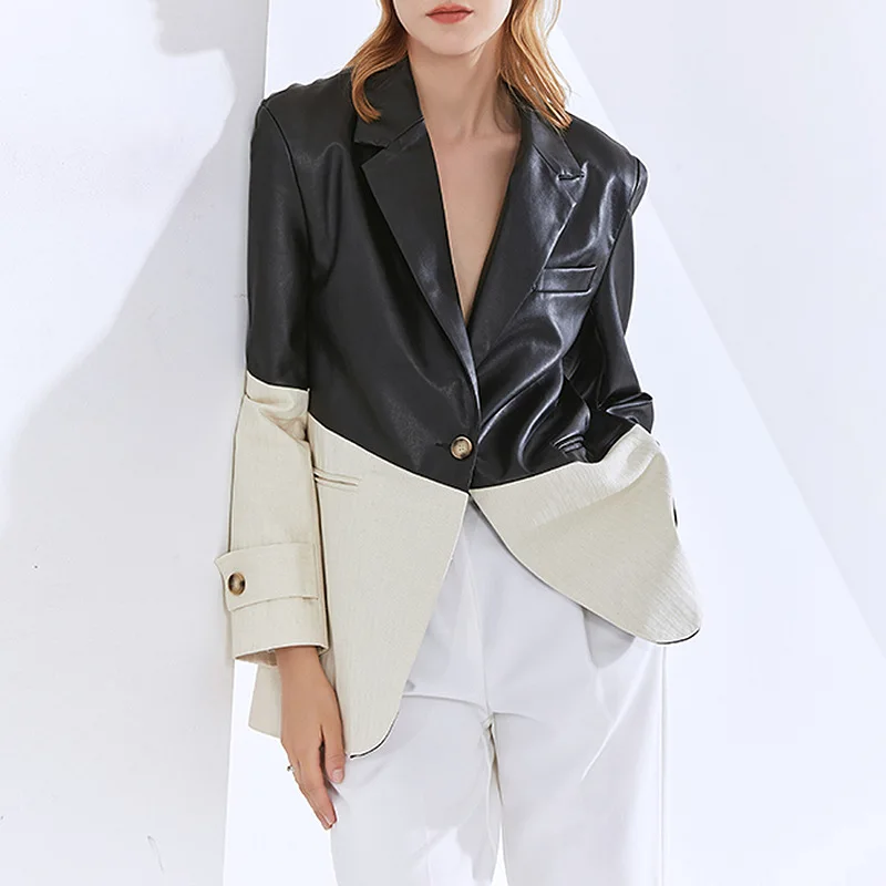 Women's One Piece Suit 2022 Spring New Fashion Temperament Casual Suit Collar Contrast Color Loose Stitching PU Leather Suit