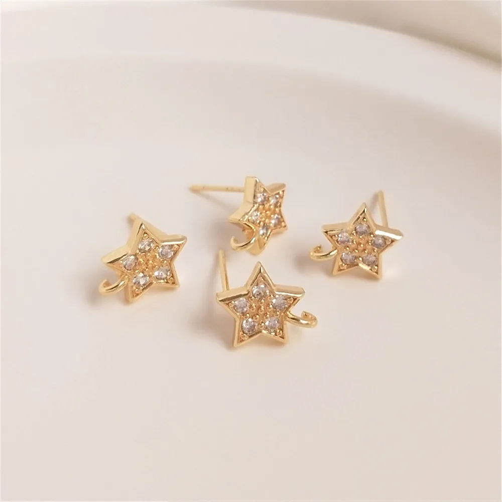 

14K Gold Color Zircon inlaid five pointed star with Pendant Earrings 925 silver needle DIY with hanging ring hand made Earrings