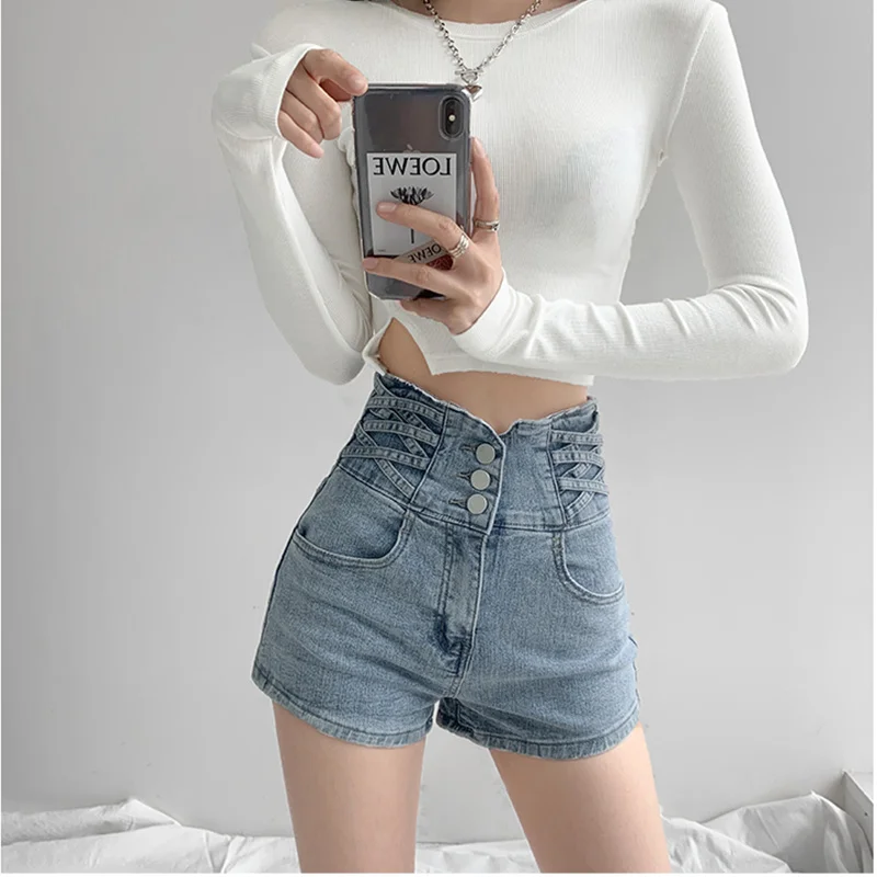 

High Waist TVVOVVIN Abdomen Denim Wide LecShorts 2023springNew Solid Color Thin Section ThreeButtons Sexy Women's Clothing T2AM