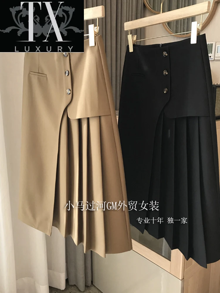 

High Waist Midi Women New 2022 Korean Style Streetwear All-match Solid Color Ladies A-line Asymmetry Pleated Skirts Mujer