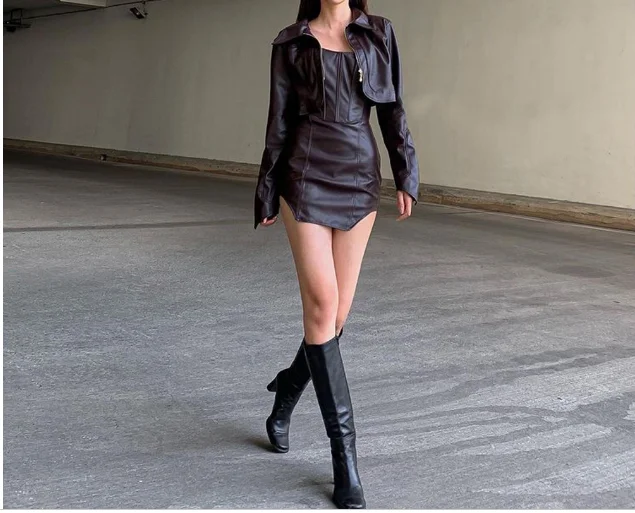 Укороченный женский топ из ПУ кожи Элегантная черная Свободная верхняя одежда с