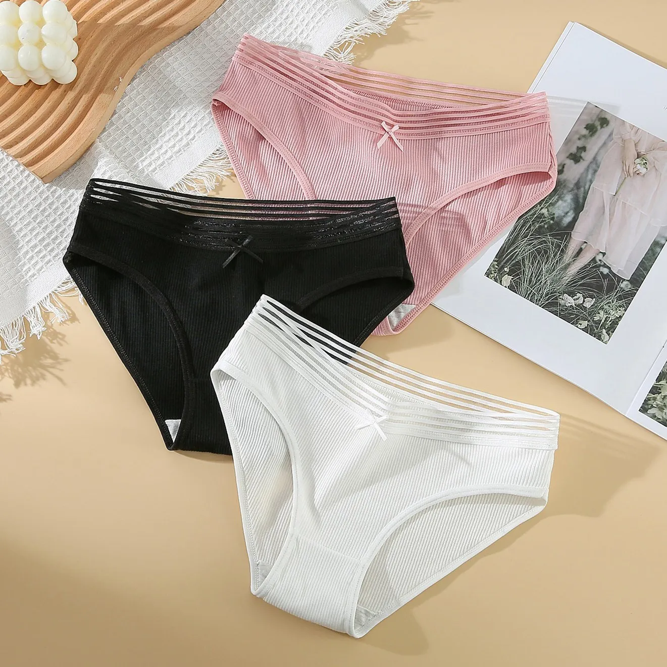 

3PCS/Lot Cotton Panties Women Low Waist Briefs Girls Solid Color Striped Underwear For Women Student Sexy Lingerie Underpants