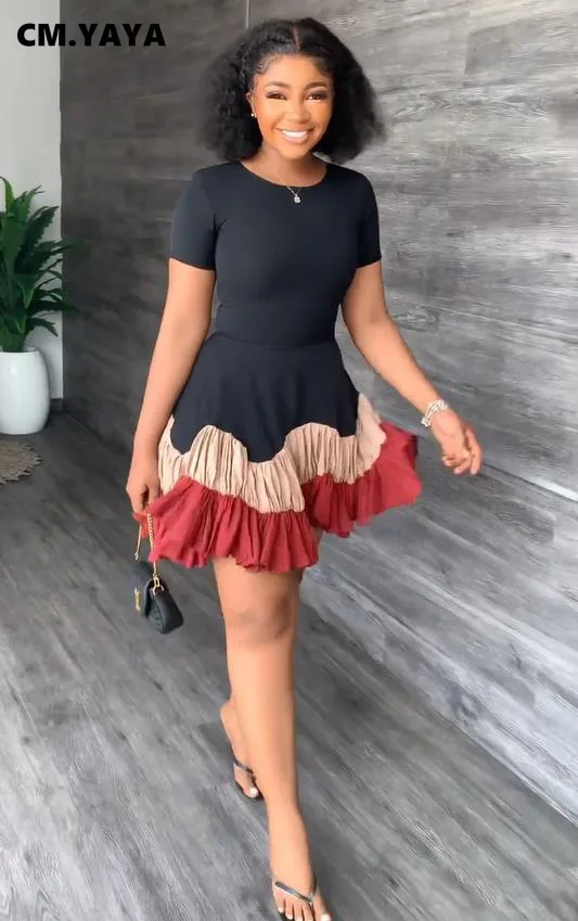 

CMYAYA Women Short Sleeve Patchwork Big Swing Ball Gown Mini Dress 2022 Summer Street Beach Boho Holiday Chic INS Dresses