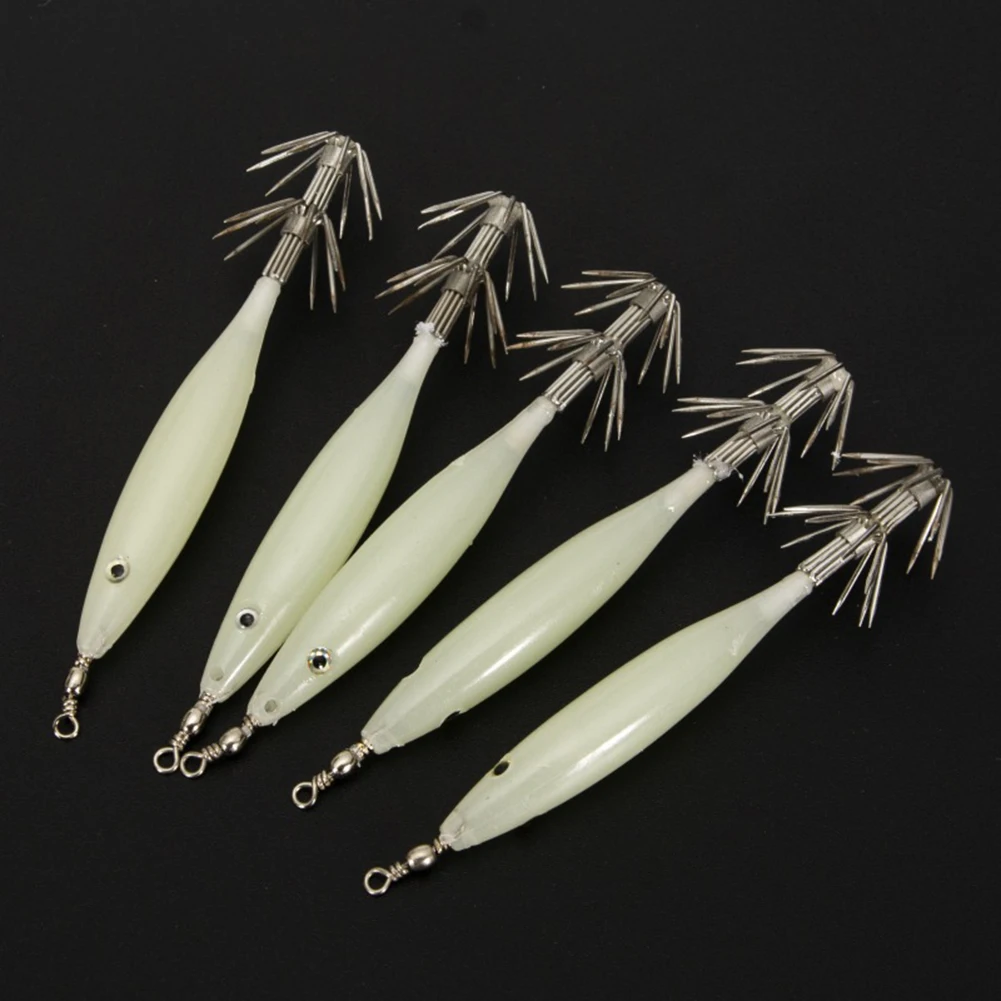 

5Pcs Luminous Fishing Lures Octopus Jig Hook 8cm Wood Shrimp Bait Squid Hook Sea Fish Baits Hard Lure Carp Fishing Accessories