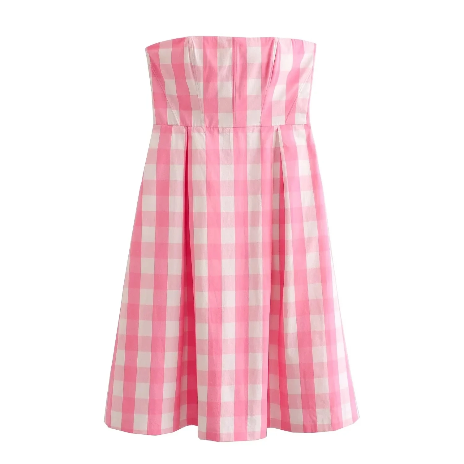 

Pink Plaid Womens Dresses 2023 Summer Off Shoulder Midi Elegant Party Y2k Vintage Sweet Strapless Fashion Classic Kawaii Doll