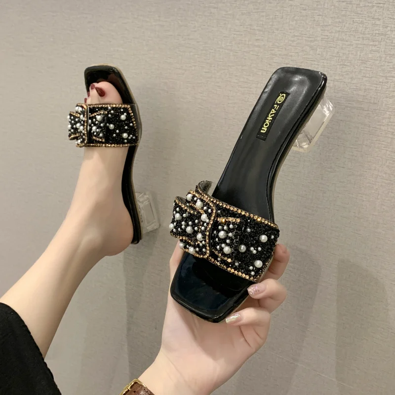 Summer sandals women's plus size slippers 2022 new fashion crystal sandals pearl open toe high heel slippers Roman shoes