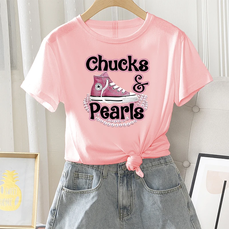 Summer Women T-shirts Graphic Fashion Female Regular Short Sleeve Sneaker Pearl Letter Print Ladies 100% Cotton O-Neck Tees Tops |