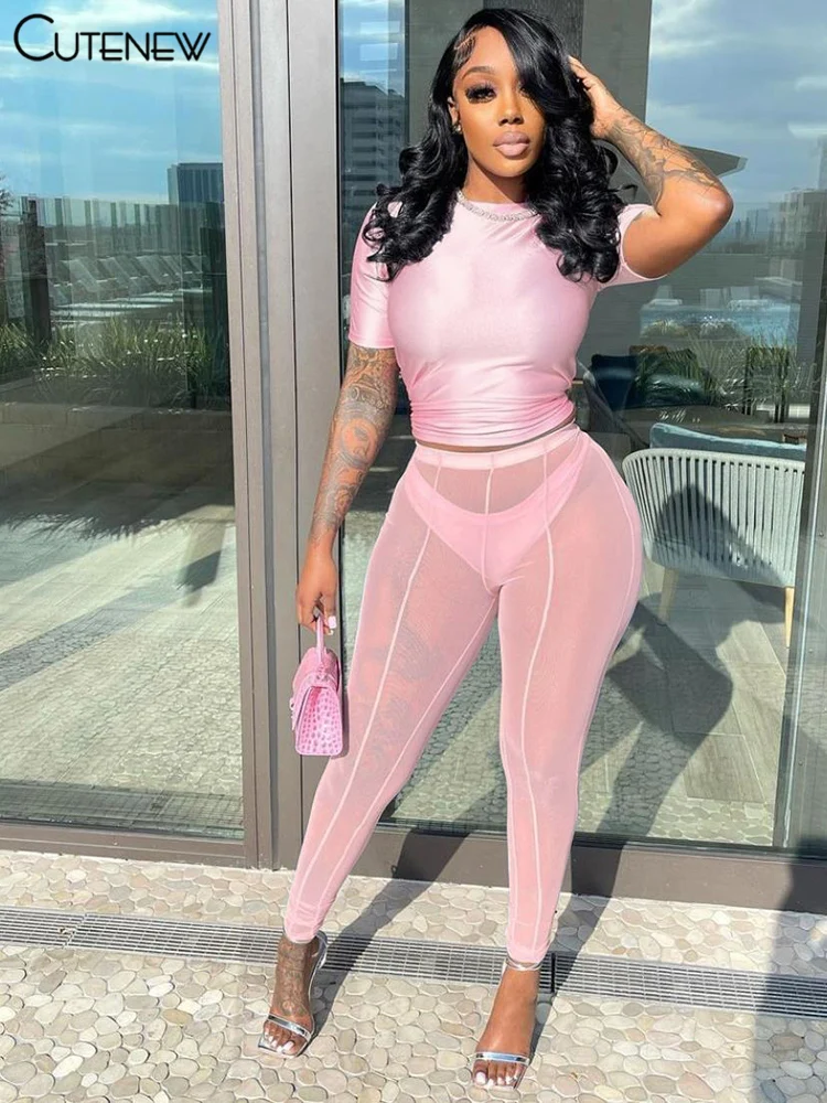 

Cutenew Summer Casual Two Piece Set Women O-Neck Short Sleeves Slim T-Shirt+Sexy Mesh Patchwork Legging Matching Lady Streetwear