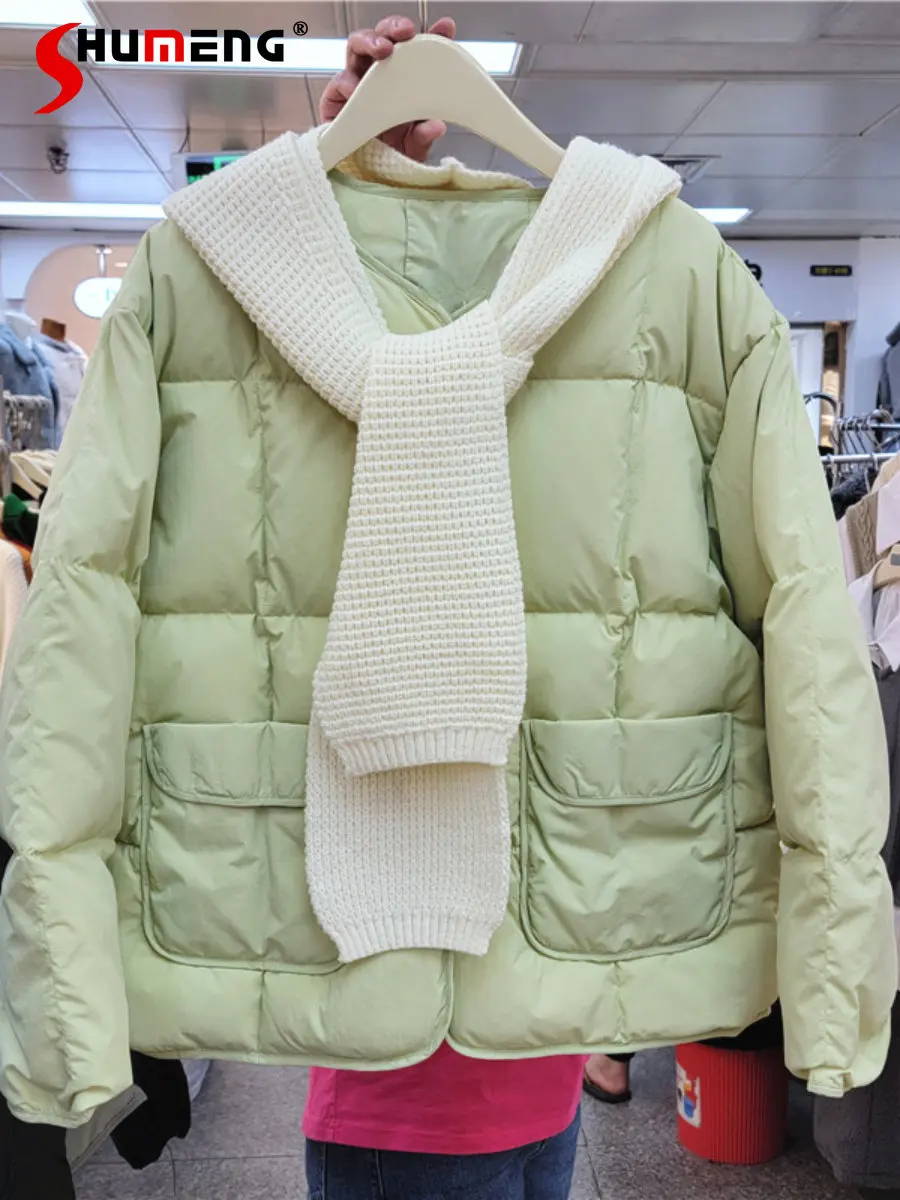 

Fresh Lightweight Down Jacket Women's Sinter Short Korean Style Loose Solid Color Parkas Thin Round Neck White Duck Down Coat