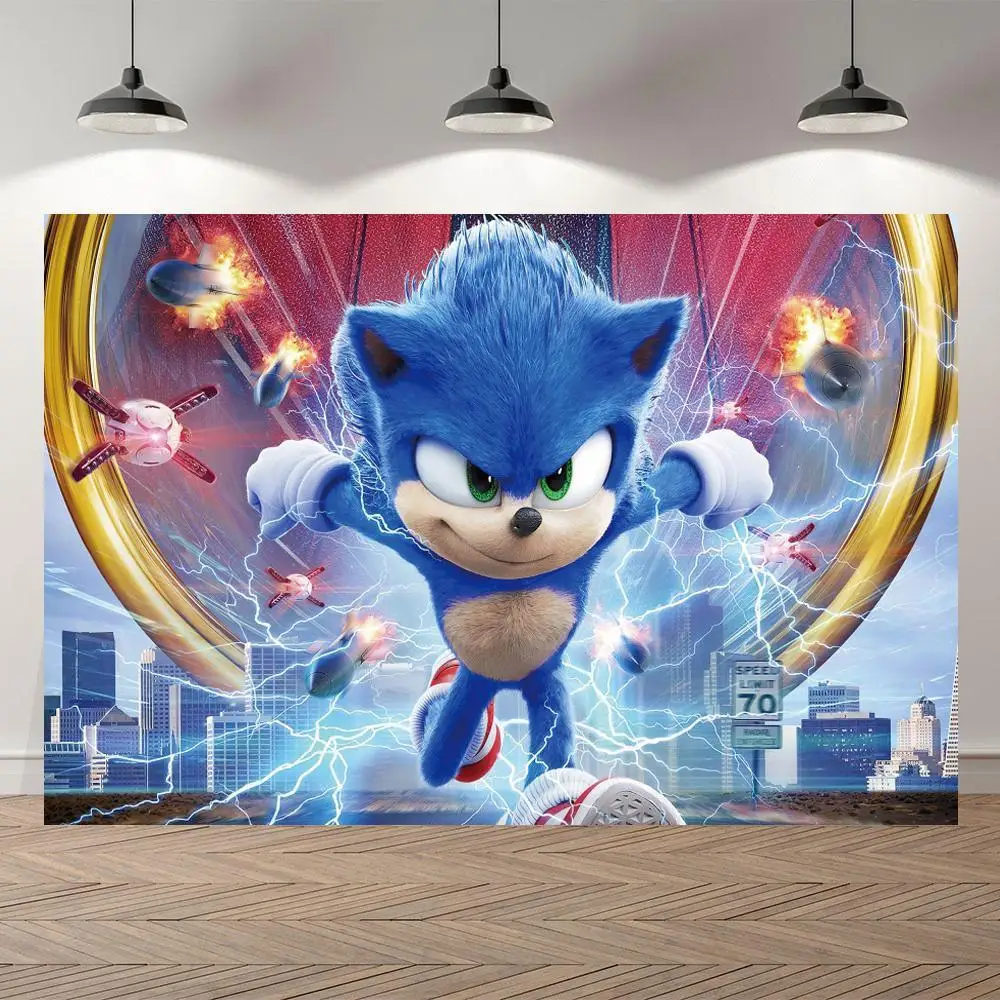 

Cartoon Running Speed Hero Blue Sonic Backdrop Photography Light Flash Kids Birthday Party Photo Background For Table Dcor