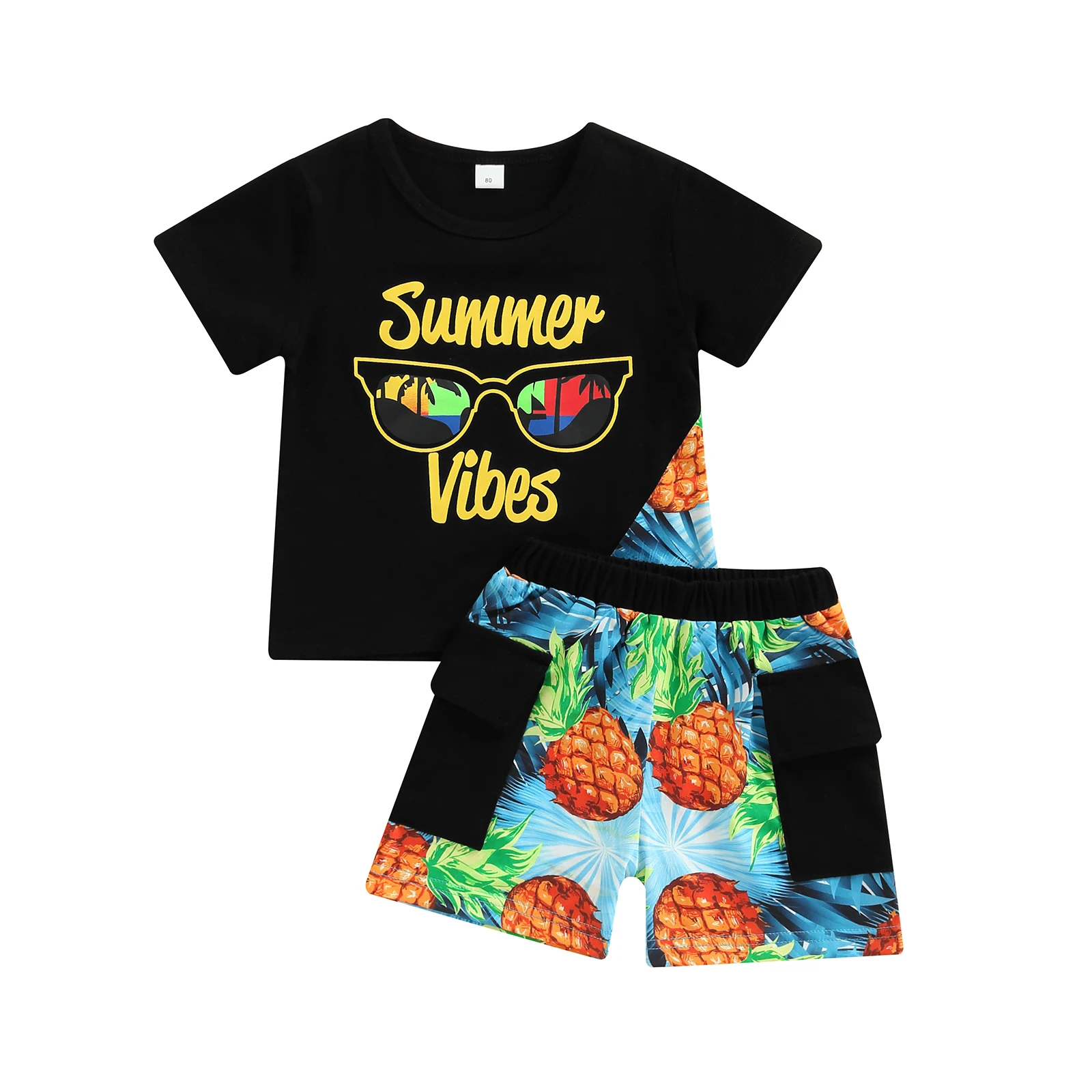 

Cool Summer Baby Boys Clothing Casual Shorts Suit Black Letters and Pineapple Print T-shirts and Elastic Waist Loose Fit Shorts