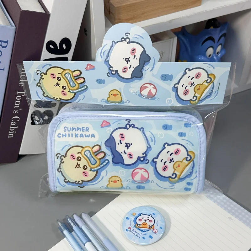 Фото Пенал Chiikawa на летнюю тематику, большая вместительная холщовая сумка на молнии, милый мультяшный органайзер для канцелярских принадлежностей для школьников №3