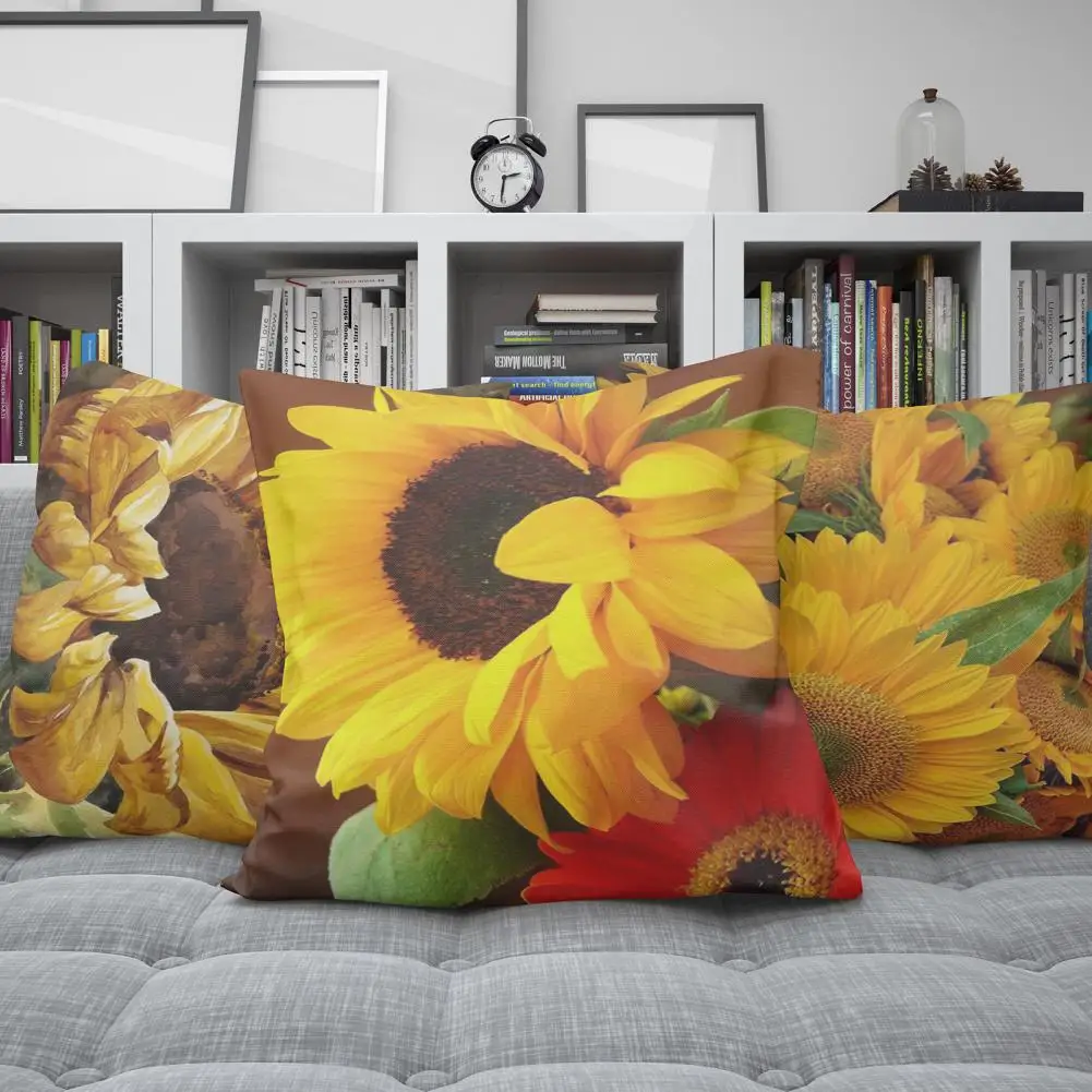 

Practical Pillow Cover Wrinkle Free Dustproof Polyester Yellow Sunflower Printed Cushion Throw Case