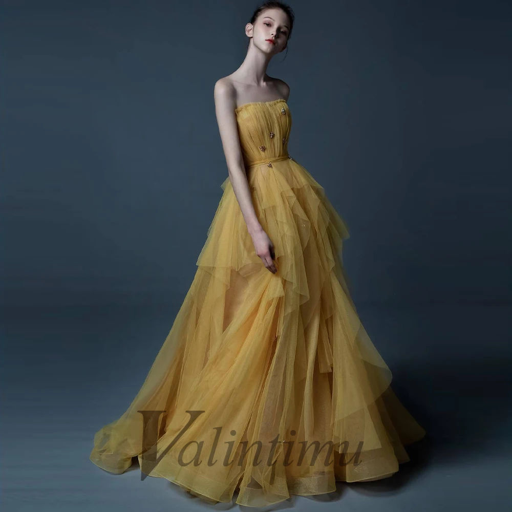 

Charming Crystals Strapless Frilled Dress Tulle Sexy Prom Evening Dress Sleeveless A-Line Made To Order Vestidos Robes De Soirée