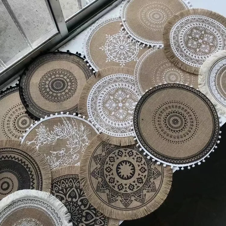 Round Placemats Wedding Party Supplies,15" Burlap Place Mats with Tassels,Mandala Boho Table Mats,Jute Tablemats Kitchen Table