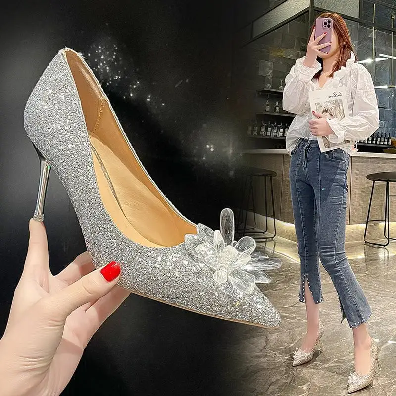 

Silver Wedding Shoes Women's Spring Single Shoes 2022 New Crystal Diamond Wedding Wedding Bridal Shoes French High Heels Stilett