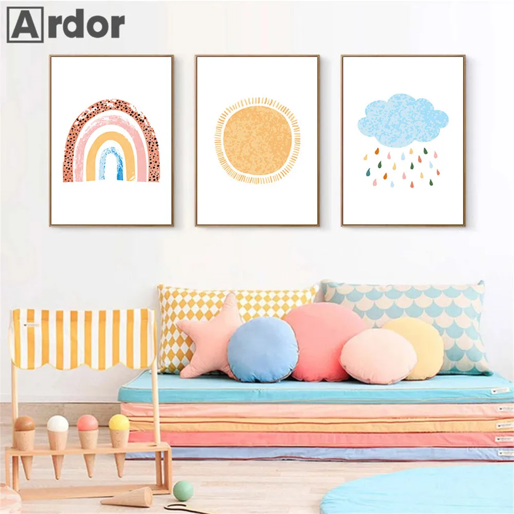 

Children Nursery Wall Art Print Sun Canvas Poster Rainbow Prints Cloud Posters Painting Nordic Wall Pictures For Baby Room Decor