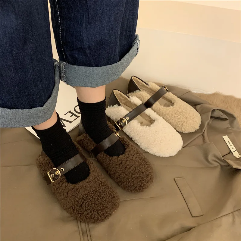 Lambswool Moccasins Femme Metal Buckle Belt Plush Flats Warm Cotton Loafers Curly Sheep Fur Mary Janes Winter Shoes Women 2022
